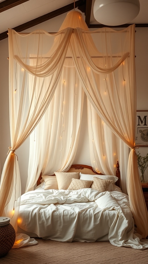 A cozy bedroom with a canopy draped in soft fabrics and adorned with fairy lights.