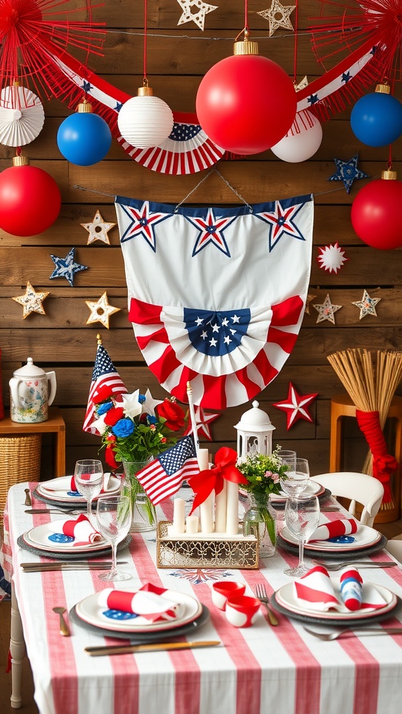 A festive Fourth of July craft table with red, white, and blue decorations, supplies, and a cheerful atmosphere.