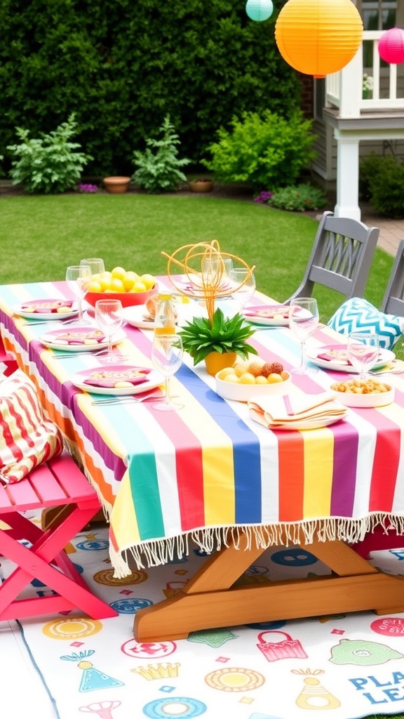 A family-friendly outdoor table decorated for Independence Day with red, white, and blue colors, featuring kids enjoying snacks.