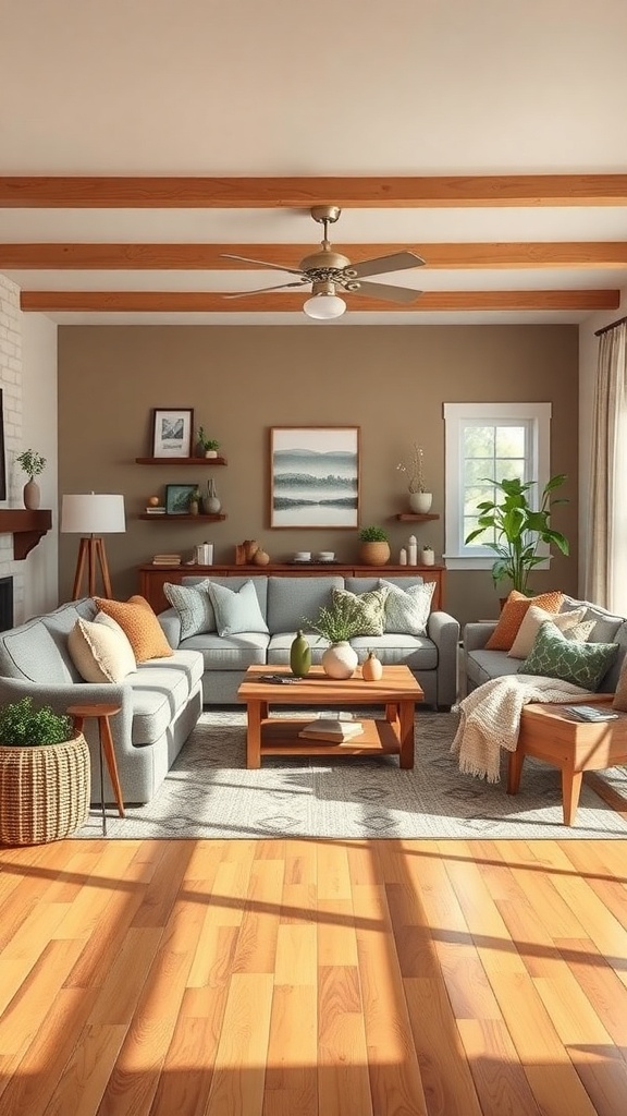 A cozy contemporary farmhouse living room with soft seating, warm colors, and natural light.