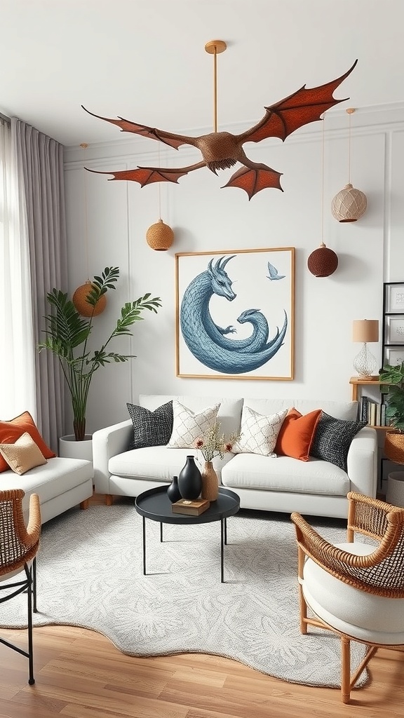 A modern living room featuring a dragon-shaped ceiling fan and fantasy-inspired decor.