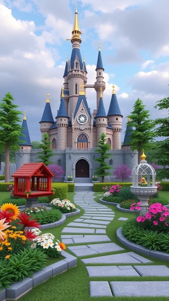 A fantasy castle garden featuring a grand castle, colorful flowers, and a stone pathway.