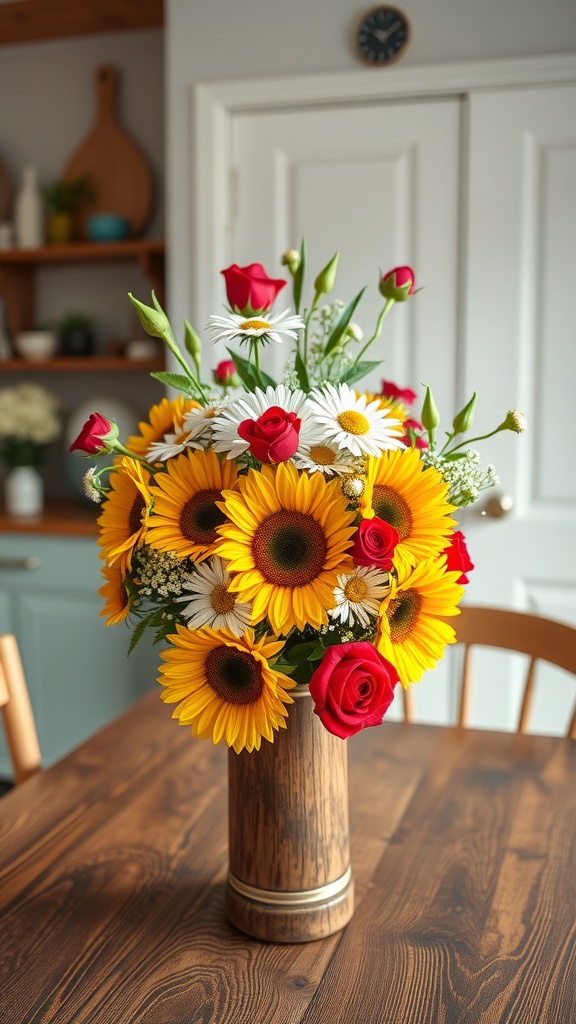 A vibrant floral arrangement featuring sunflowers and red roses in a wooden vase.