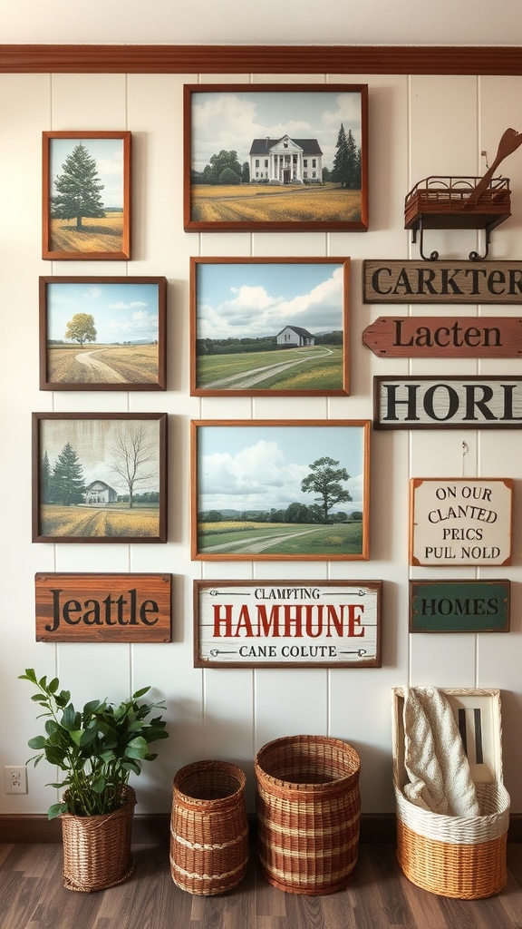 A collection of farmhouse-inspired artwork featuring landscapes and vintage signs on a wall.
