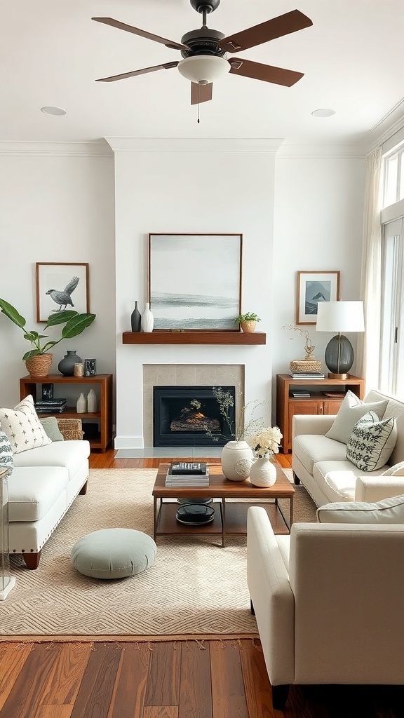 A chic contemporary farmhouse living room featuring artwork and natural decor.