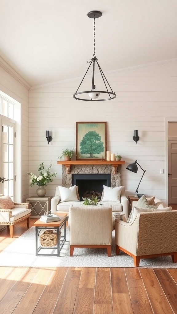 A cozy farmhouse living room with a pendant light and wall sconces.