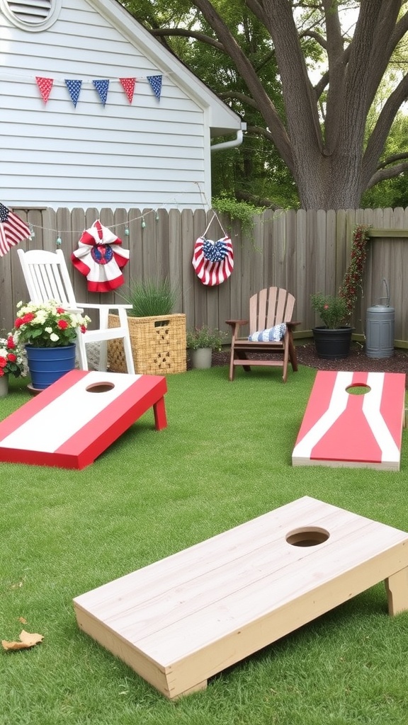 Outdoor cornhole game set up in a backyard with farmhouse style.