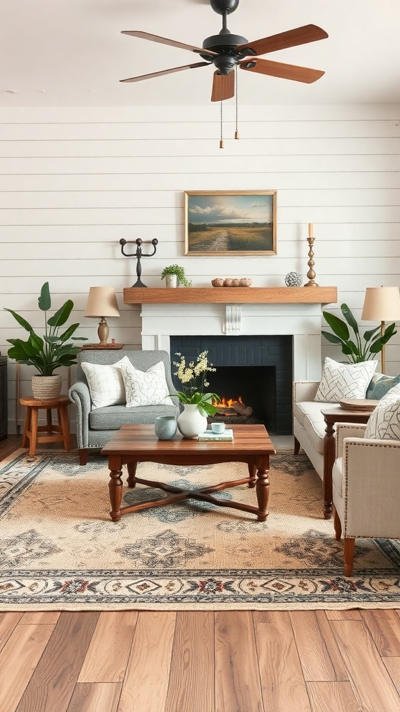 Cozy farmhouse living room with a patterned area rug, comfortable seating, and a fireplace.