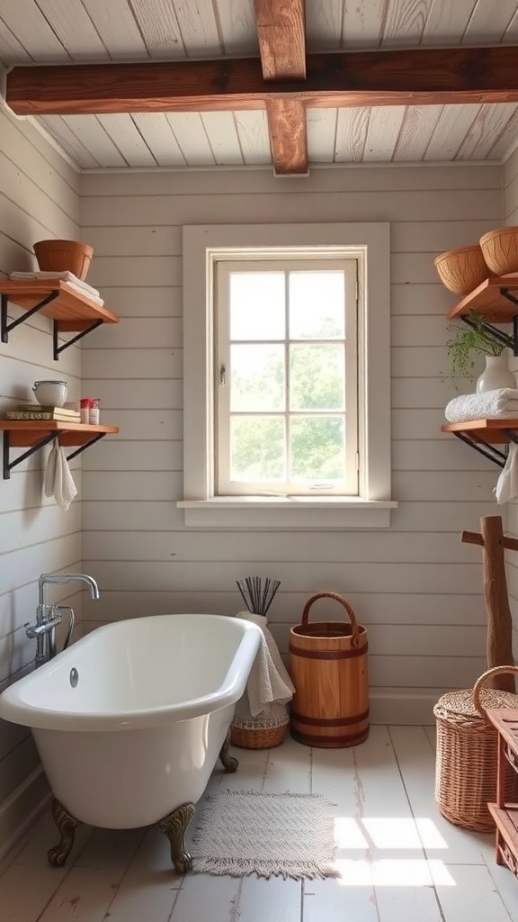 Cozy farmhouse-style bathroom with wooden beams and vintage decor.