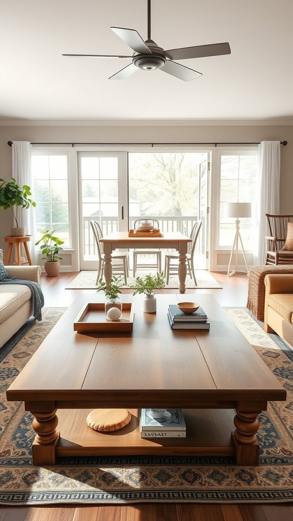 A cozy living room featuring a wooden farmhouse-style coffee table with decorative items.