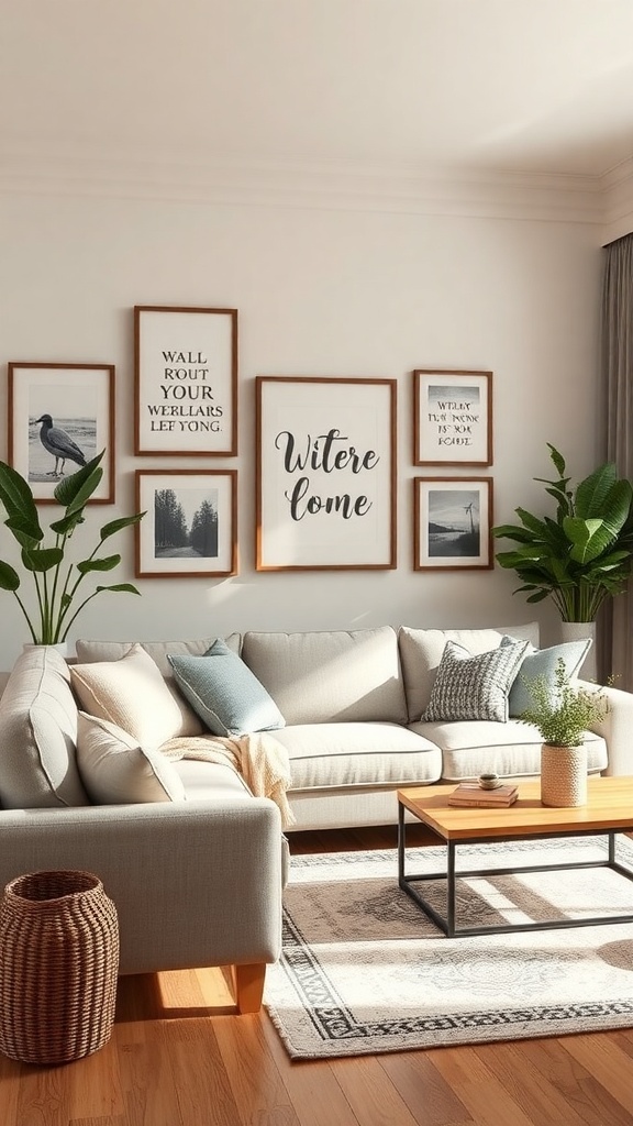 A cozy living room with farmhouse-style wall art, featuring framed prints and a welcoming quote.