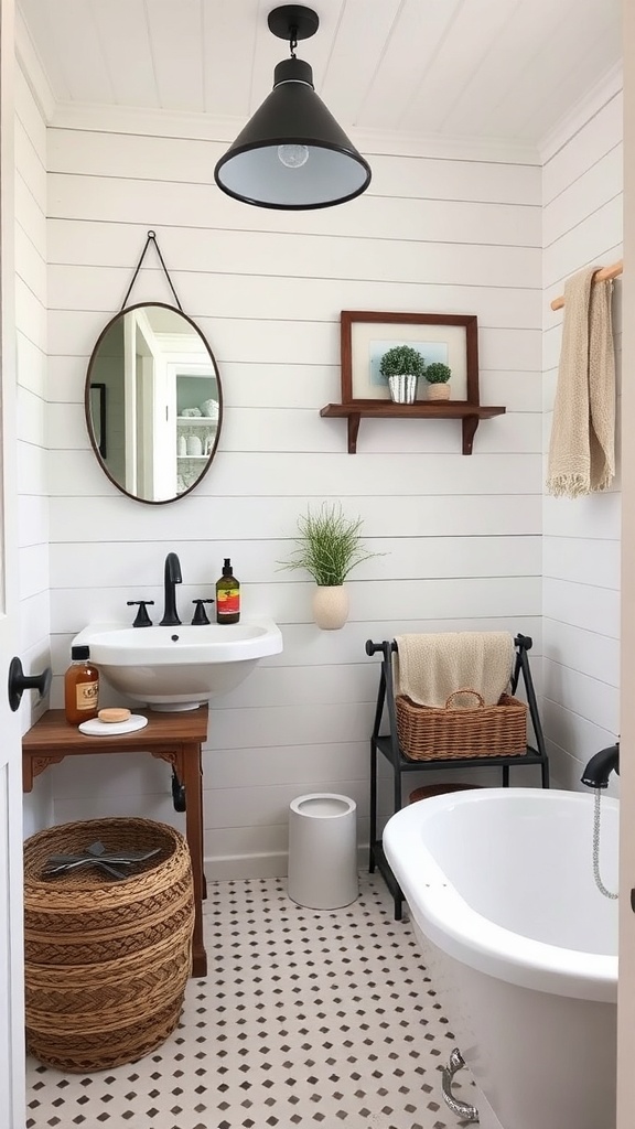 A cozy farmhouse-style bathroom featuring wooden accents, plants, and a rustic mirror.