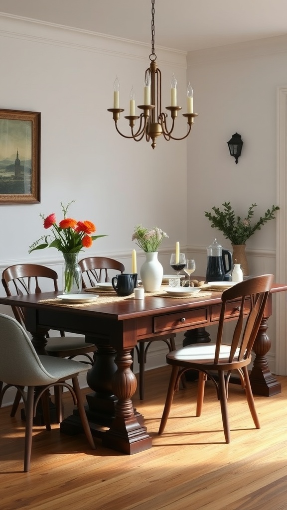 A rustic farmhouse dining room with a wooden table, chairs, flowers, and coffee setup.