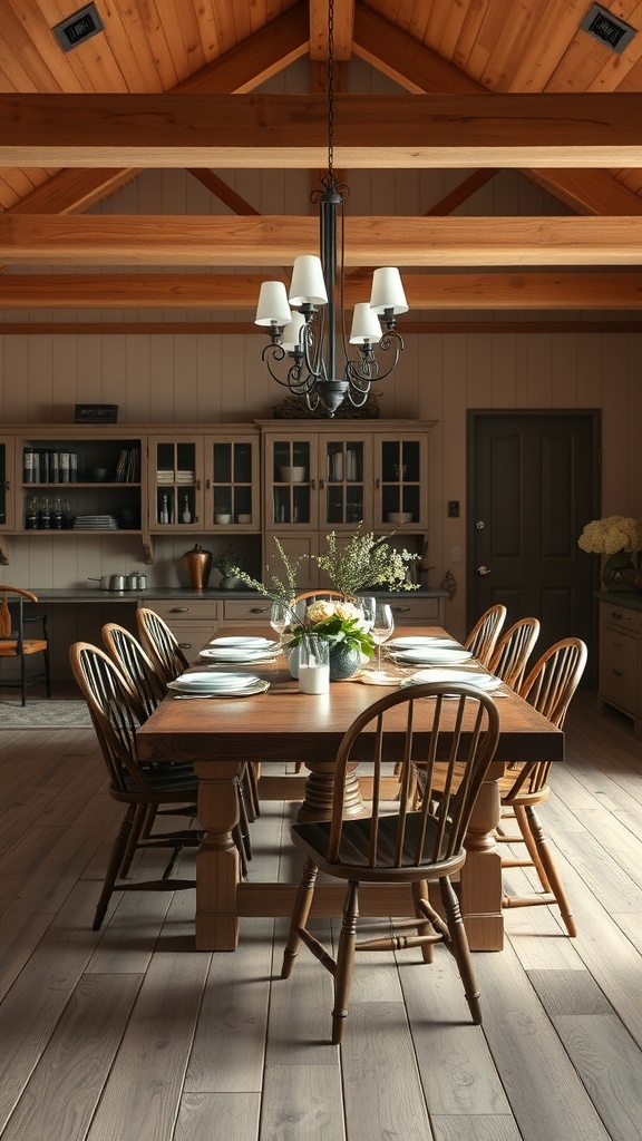 A cozy dining area featuring a wooden table with elegant decor, surrounded by classic chairs.
