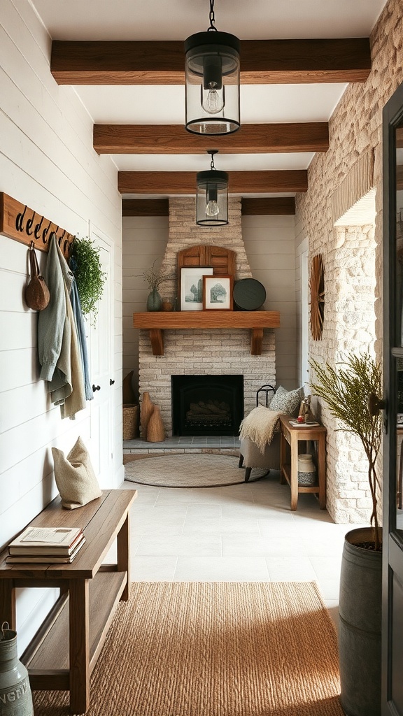 A rustic farmhouse entryway featuring wooden beams, a stone fireplace, and cozy decor.