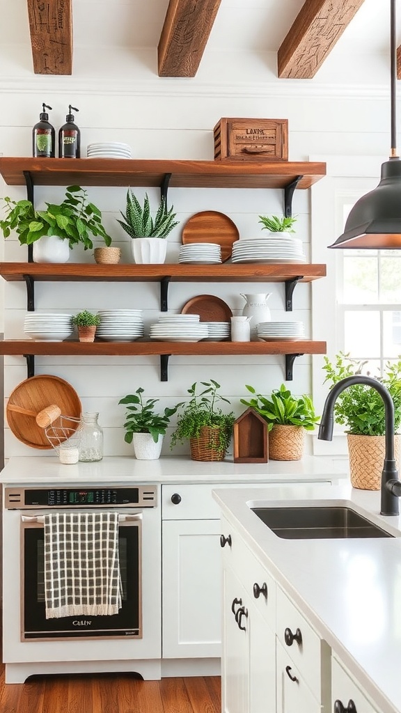 A farmhouse kitchen featuring open shelving with plates, plants, and rustic decor.