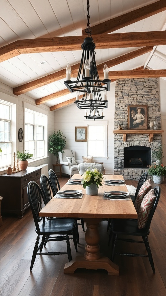 A rustic dining area featuring a wooden table and a stylish chandelier.