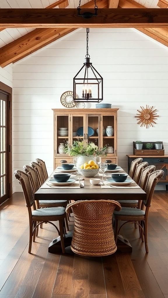 A farmhouse dining area featuring a wooden table, woven chairs, and a geometric pendant light.