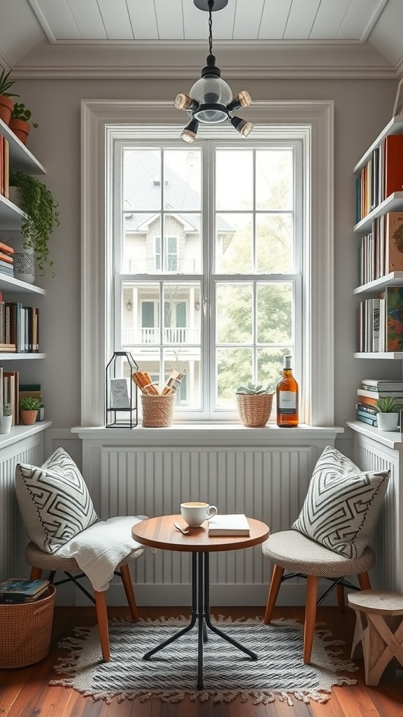 A cozy farmhouse coffee nook with two chairs, a small table, and bookshelves filled with books and plants.