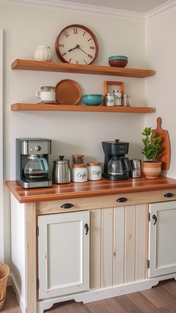 A rustic farmhouse coffee bar with wooden shelves, coffee maker, and decorative jars.