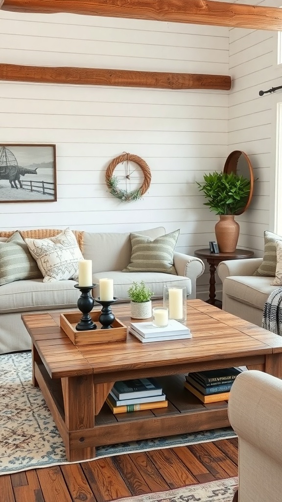 Cozy farmhouse living room with a wooden coffee table, candles, and decorative items.