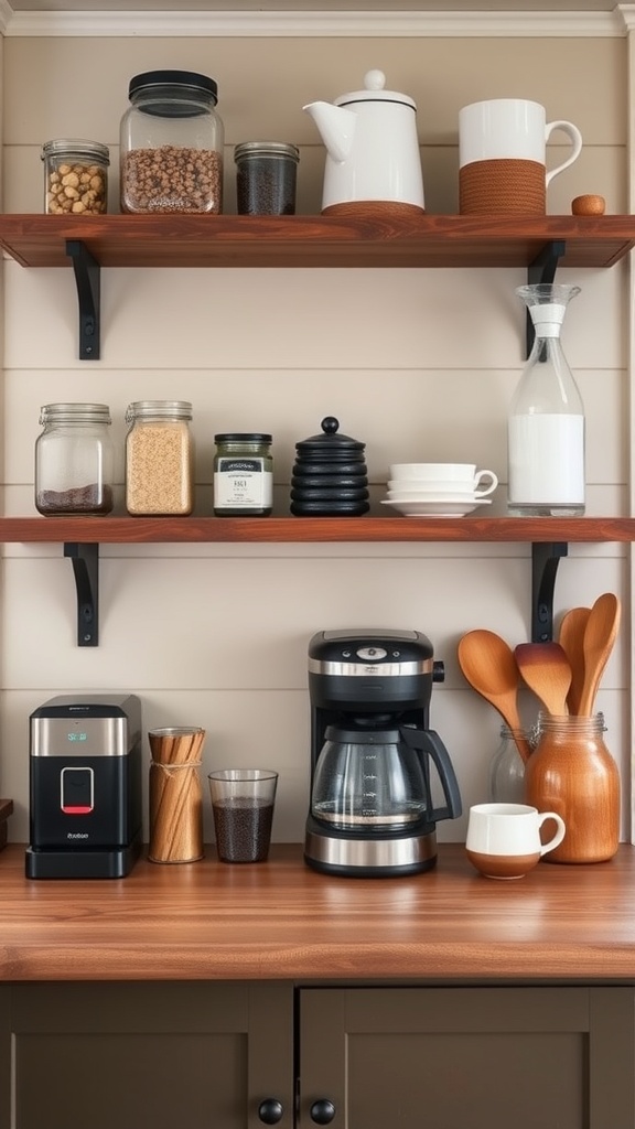 Rustic farmhouse coffee nook with open shelving displaying jars and coffee equipment.