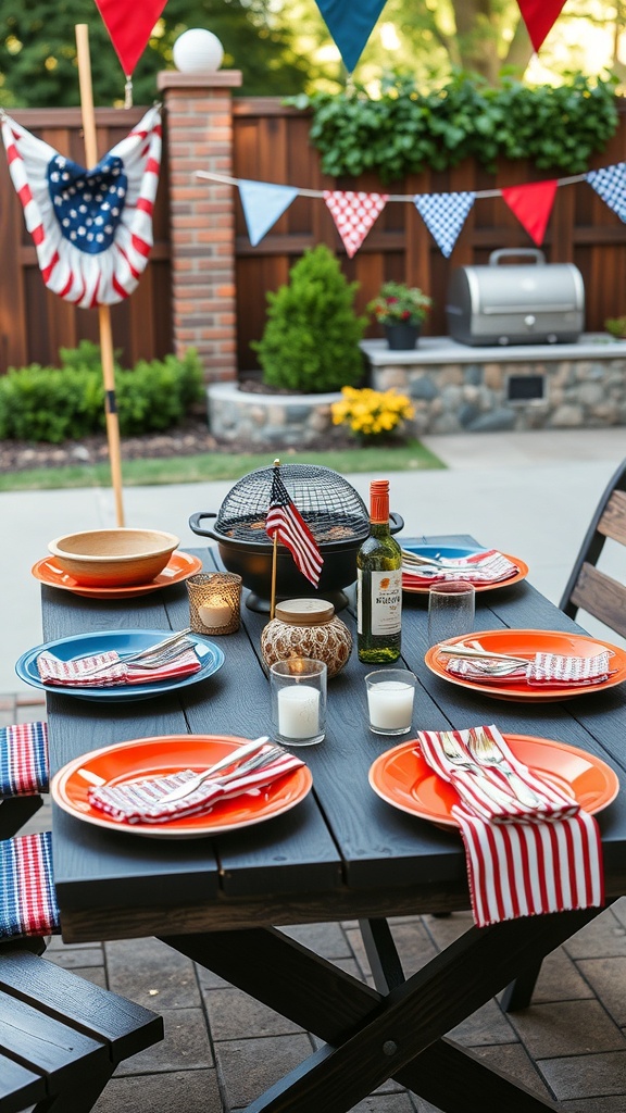 Outdoor table setting for Independence Day BBQ with colorful plates and decorations.