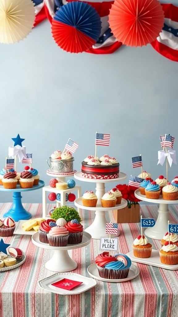 A colorful Fourth of July dessert table with cupcakes, cookies, and decorations in red, white, and blue.