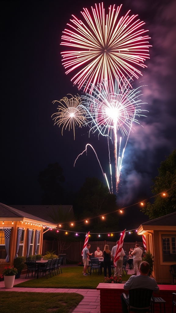 A vibrant display of fireworks lighting up the night sky over a backyard gathering.
