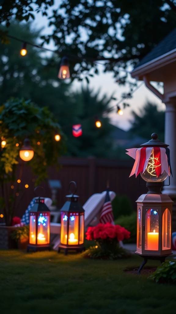 Festive lanterns decorated for 4th of July celebrations in a backyard setting.