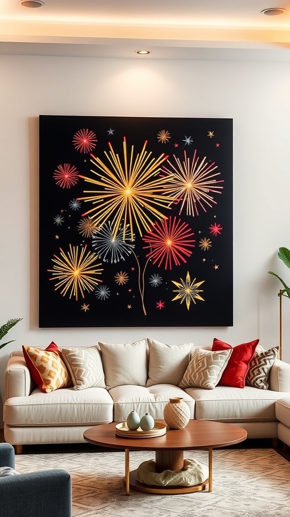 Colorful firework wall art on a blue background with a cozy couch in a living room.