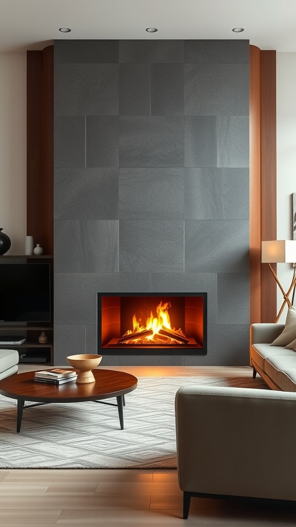 A contemporary farmhouse living room featuring a stylish fireplace with a wooden mantel, cozy seating, and a warm atmosphere.