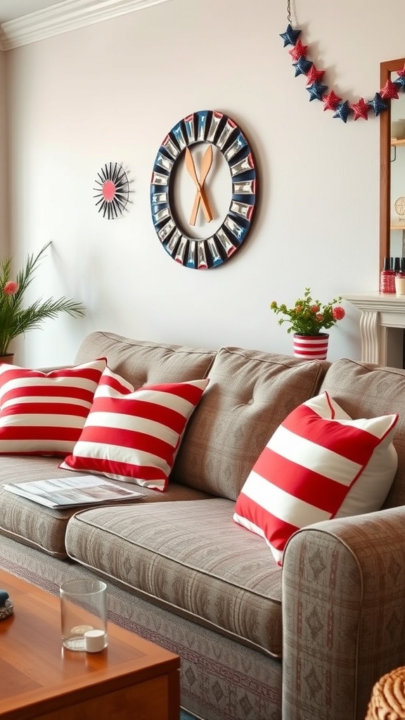 A cozy living room with flag-inspired throw pillows on a couch, featuring red and white stripes.