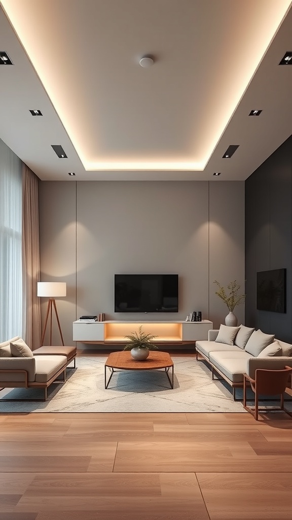 A modern living room featuring floating furniture with a sleek design.