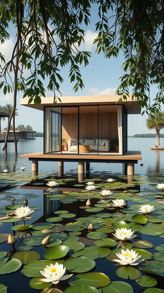 A floating garden pavilion on a lake surrounded by lily pads.