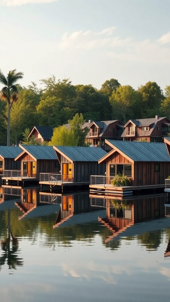 Aerial view of a floating home community on calm water during sunset.