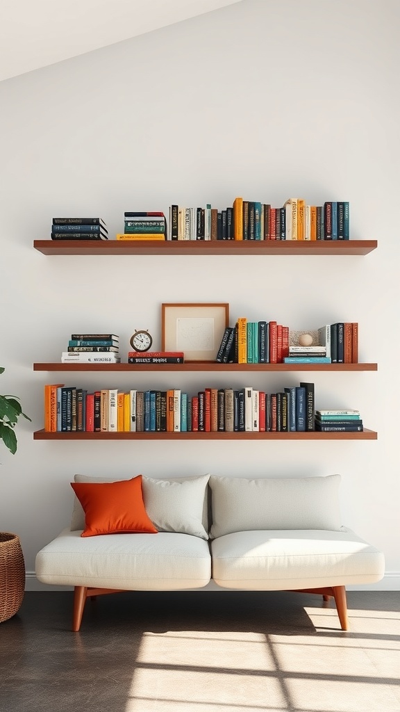 A modern living room with floating shelves displaying books and decorative items.