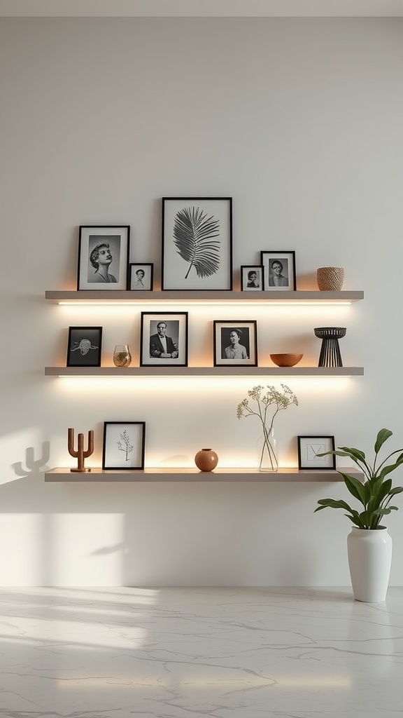 Floating shelves with LED lighting displaying various framed pictures and decorative items.