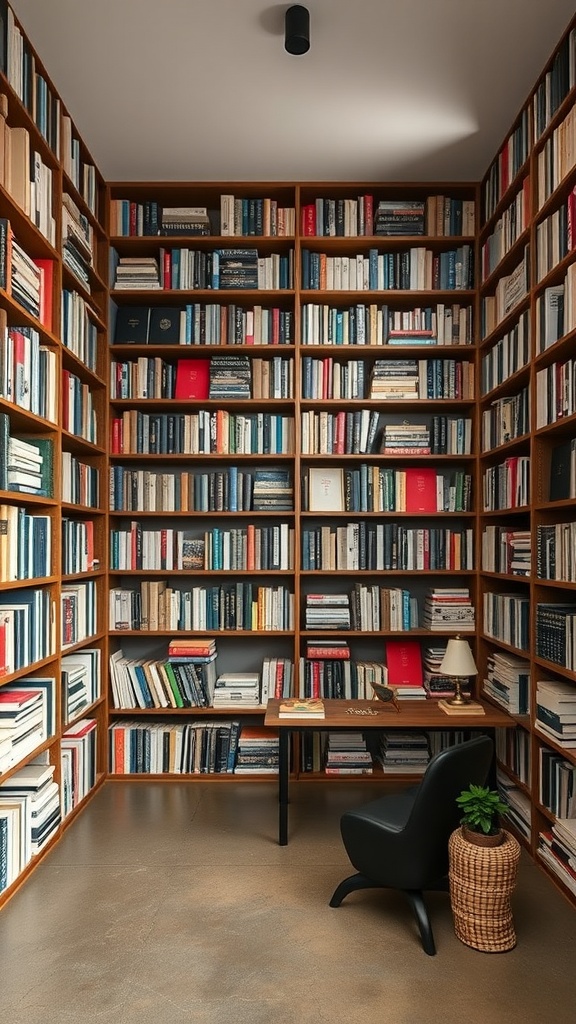 A cozy room with a floor-to-ceiling bookshelf filled with books and a small desk.