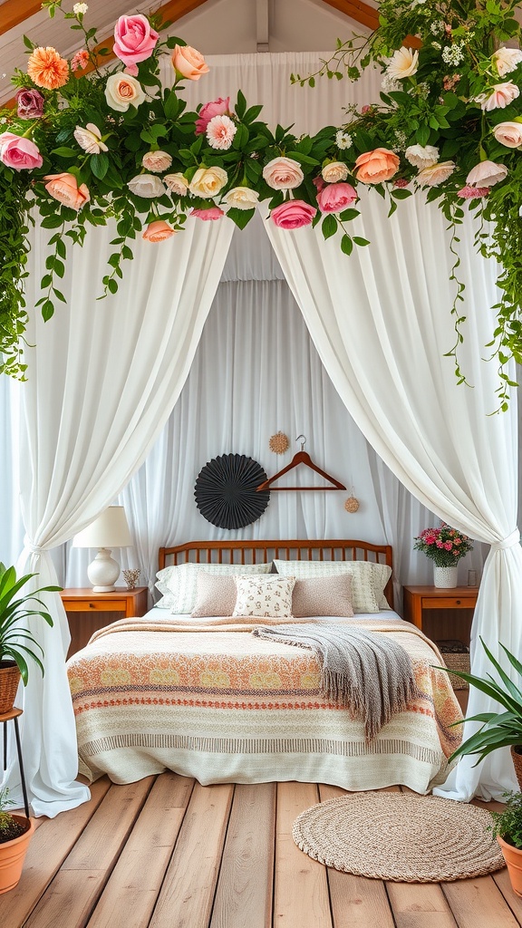 A cozy bedroom with a floral canopy made of roses and greenery, featuring a wooden bed and warm decor.