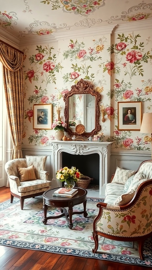 A Rococo style living room featuring floral wallpaper, elegant furniture, and a chandelier.