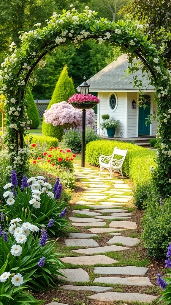 A beautiful flower pathway with blooming flowers on either side and a stone path leading to a cozy garden area.