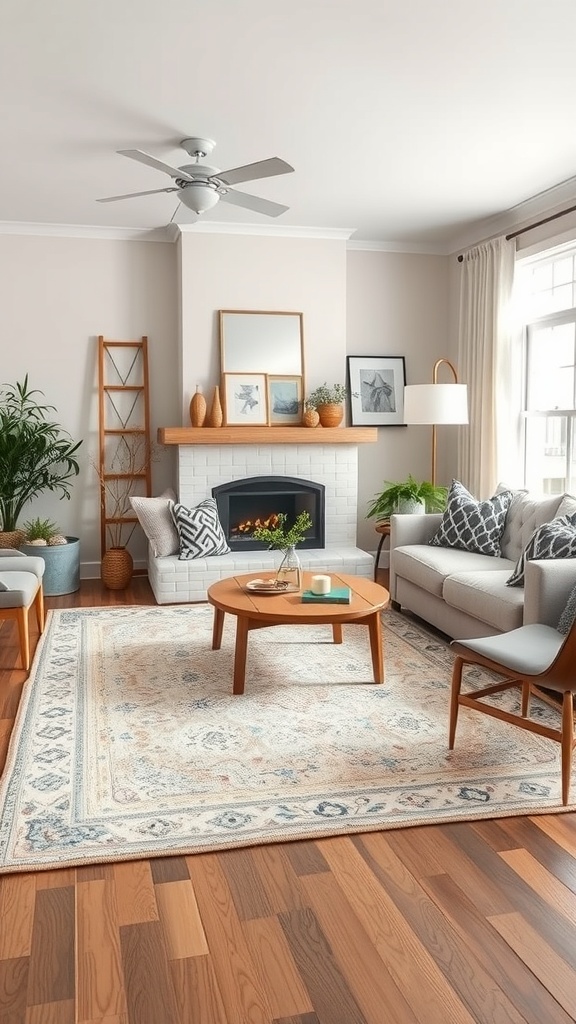 A contemporary farmhouse living room featuring a stylish rug, cozy furniture, and a warm atmosphere.
