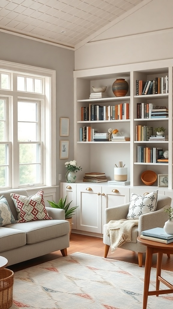Cozy living room with built-in shelving displaying books and decor