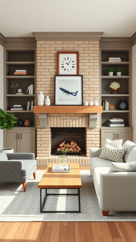 A contemporary farmhouse living room with built-in shelves around a fireplace.
