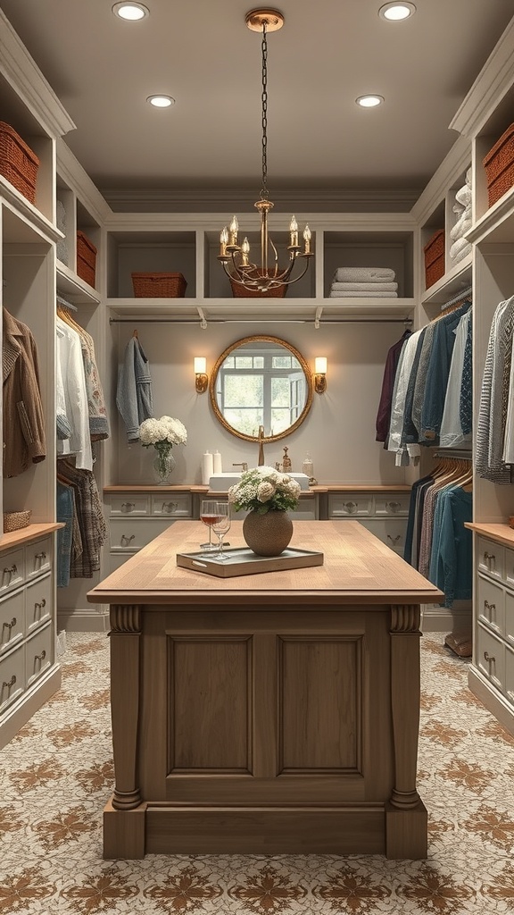 A beautifully designed closet island with a wooden top, surrounded by organized shelves and clothing.