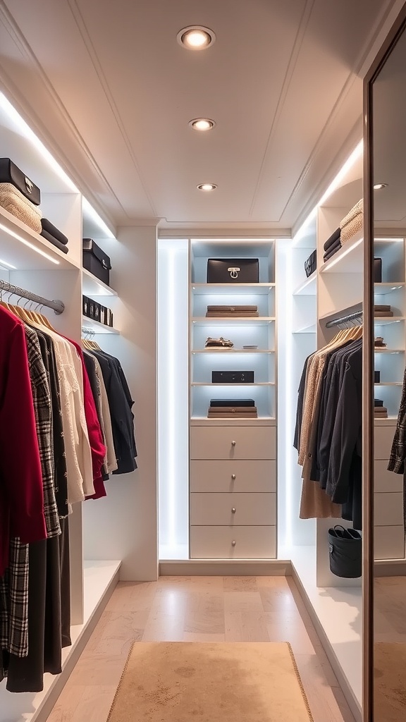 A well-organized closet with bright recessed lighting, showcasing various clothing items and storage options.
