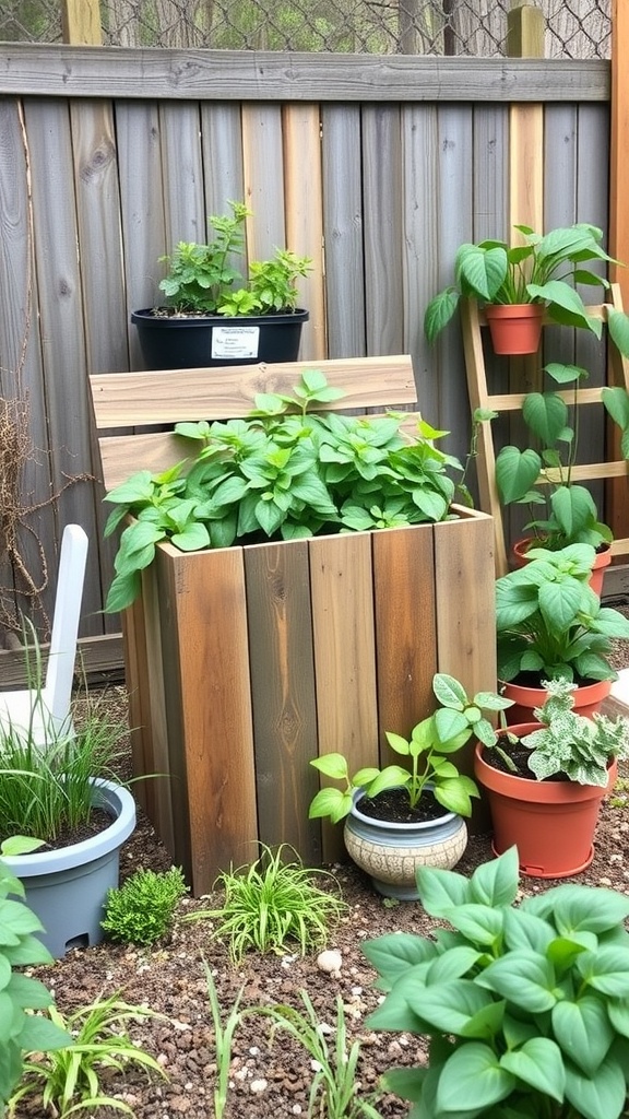 A stylish wooden compost bin surrounded by various potted plants in a garden.