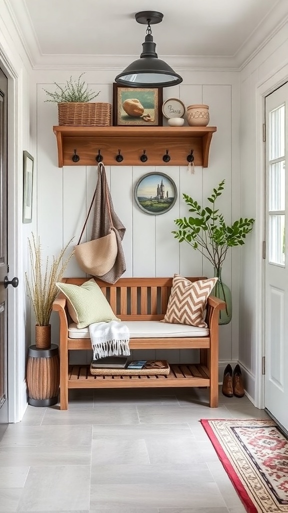 A functional entryway featuring a wooden bench, hooks, and decorative elements.