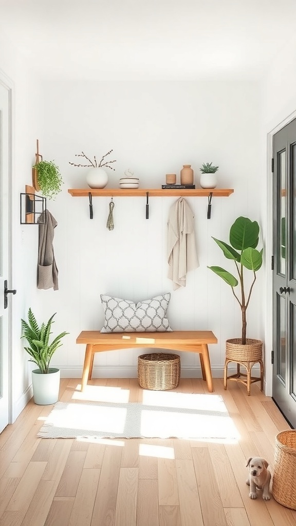 Bright and minimal entryway with a wooden bench, plants, and decorative items.